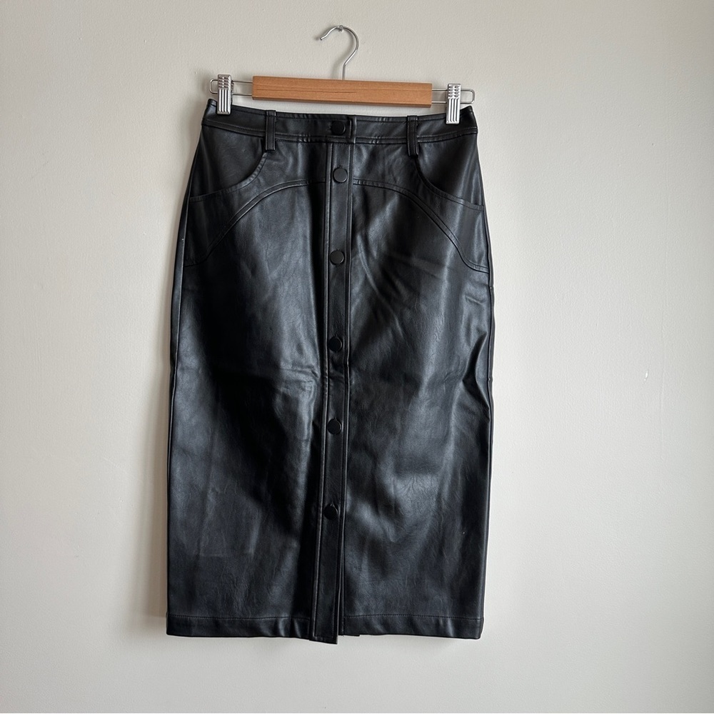 NWT LBV Faux Leather Button Up Pencil Midi Skirt 2